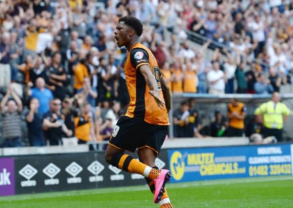Hull City's Chuba Akpom celebrates after scoring his side's second goal during the Sky Bet Championship match at the KC Stadium, Hull. (Picture: Anna Gowthorpe)