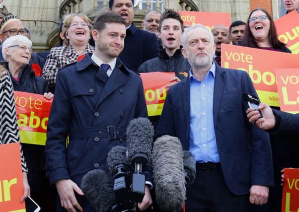 Labour leader Jeremy Corbyn and new Labour MP Jim McMahon  outside Chadderton Town Hall in Oldham