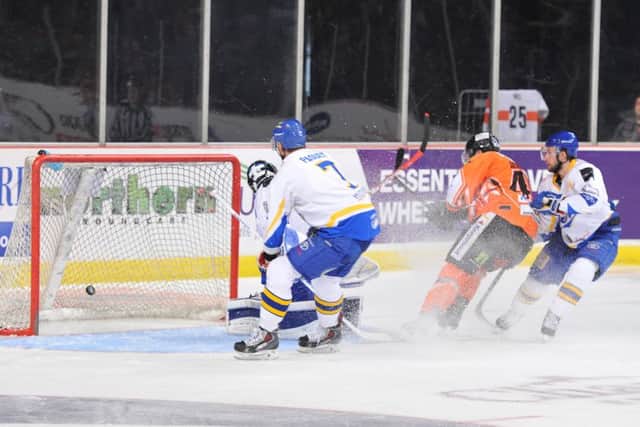 Guillaume Desbiens scores short-handed against Fife to make it 3-0 to Sheffield Steelers on Sunday night. Picture: Dean Woolley.