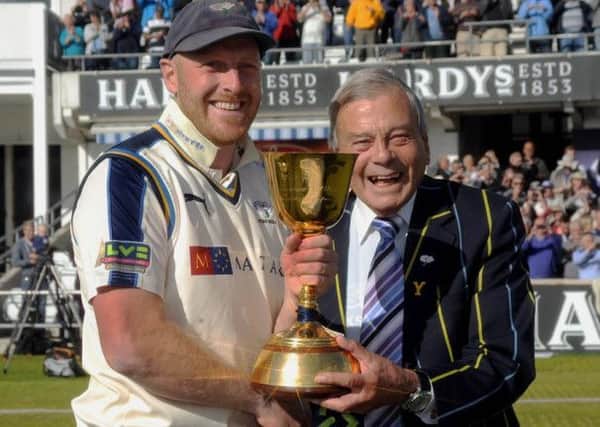 Andrew Gale with Barnsley's Dickie Bird and the County Championship trophy