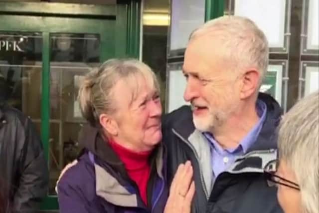 Labour leader Jeremy Corbyn hugs Liz Fitton as he sings Happy Birthday to the actress, who he met on the high street of Cockermouth, Cumbria, on her 65th birthday.
