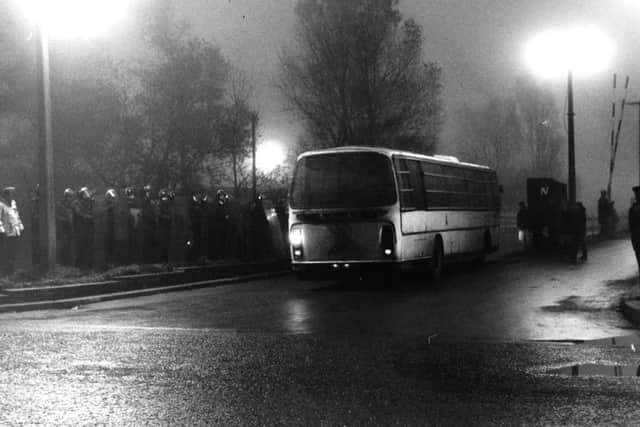 One of the coachescarrying miners into work at Kellingley Colliery, Knottingley on November 16, 1984