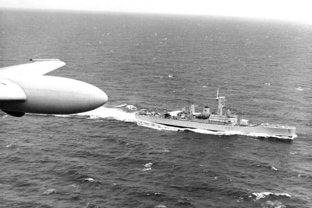 Flight over Icelandic Cod War zone in a Nimrod aircraft from RAF Kinloss. The guardians of the trawlers: H. M. S. Jupiter, one of the Royal Navy frigates on patrol in the Iceland area as the Nimrod Surveillance Aircraft of Strike Command passes over the area on North Atlantic.