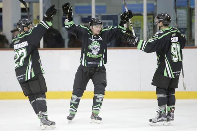 Hull celebrate scoring against Guildford, but they ended up on the wrong side of a 4-3 defeat to Guildford. Picture: Arhur Foster.