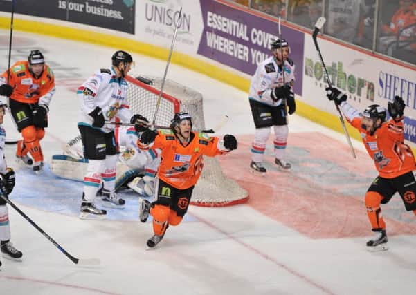 Sheffield Steelers' Levi Nelson turns away to celebrate scoring the opening goal against Belfast Giants on Sunday night. Picture: Dean Woolley.