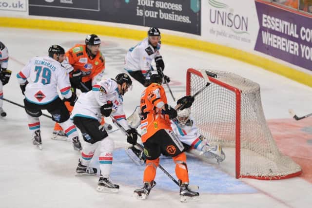 Levi Nelson fires home past Stephen Murphy for Steelers' opener against Belfast. Picture: Dean Woolley.
