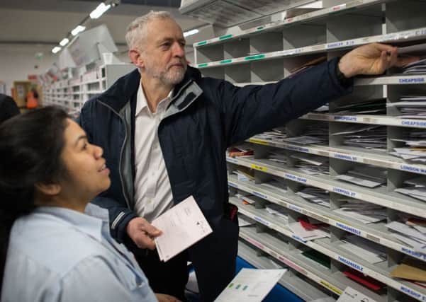 Labour leader Jeremy Corbyn visits Mount Pleasant Sorting Office in London.