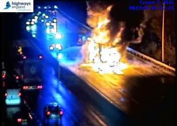 The lorry is well ablaze in an incident which closed the M62 eastbound this morning.