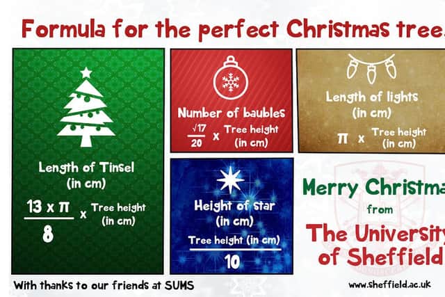Members of Sheffield University Maths Society (SUMS) have created a festive formula to ensure just the right ratio of lights, tinsel and baubles are used to give your Christmas tree the perfect look.