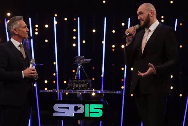 Tyson Fury speaks to Presenter Gary Lineker during Sports Personality of the Year 2015 at the SSE Arena, Belfast. PRESS ASSOCIATION Photo. Niall Carson/PA Wire