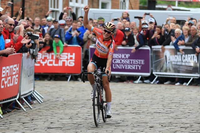 Boels-Dolmans Lizzie Armitstead crosses the finish line to win the British Cycling National Road Championships in Lincolnshire.
