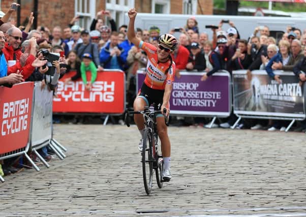 Boels-Dolmans Lizzie Armitstead crosses the finish line to win the British Cycling National Road Championships in Lincolnshire.