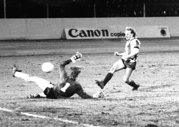 2nd April 1986: Mark Ellis scores City's third goal at Odsal.