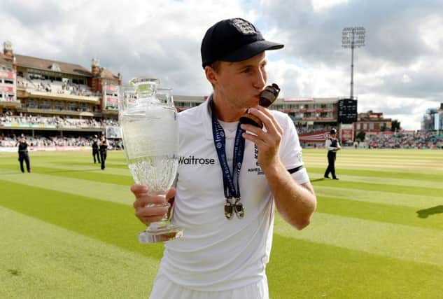 England's Joe Root celebrates their series victory during day four of the Fifth Investec Ashes Test at The Kia Oval, London. PRESS ASSOCIATION Photo. Picture date: Sunday August 23, 2015. See PA story CRICKET England. Photo credit should read: Philip Brown/Pool/PA Wire. Editorial use only. No commercial use without prior written consent of the ECB. Still image use only no moving images to emulate broadcast. No removing or obscuring of sponsor logos. Call +44 (0)1158 447447 for further information