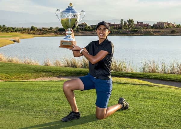Aditi Ashok of India with her trophy after victory in the Lalla Aicha Qualifying Schoo (Picture: Tristan Jones).