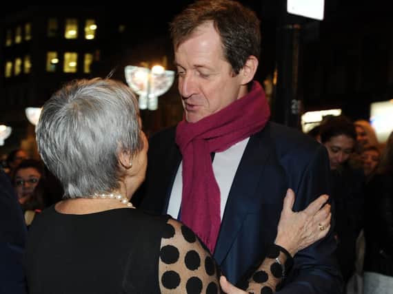 December 2015 - Alistair Campbell greets Angela Baker of the Calendar Girls at the Grand Theatre in Leeds before the premiere of The Girls.