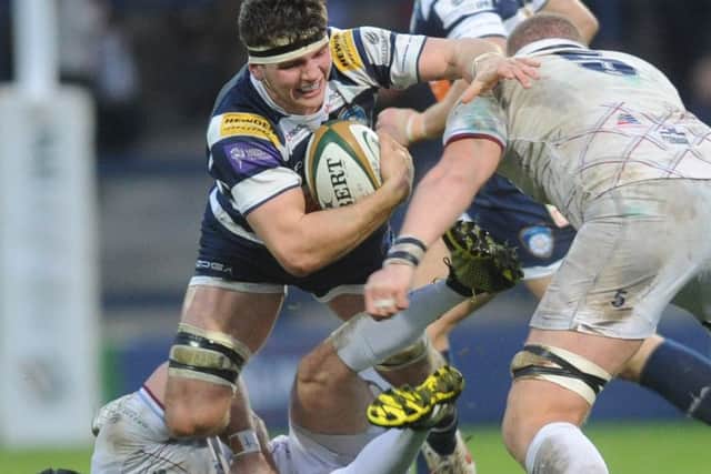 Josh Bainbridge scored four tries as Yorkshire Carnegie defeated Rotherham Carnegie 43-9 but on this occasion was held up short of the line (Picture: Steve Riding).