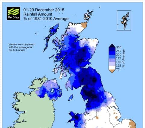 Undated Met Office handout graphic showing the rainfall percentage for the month of December compared to the average rainfall. (Picture: Met Office/PA Wire)