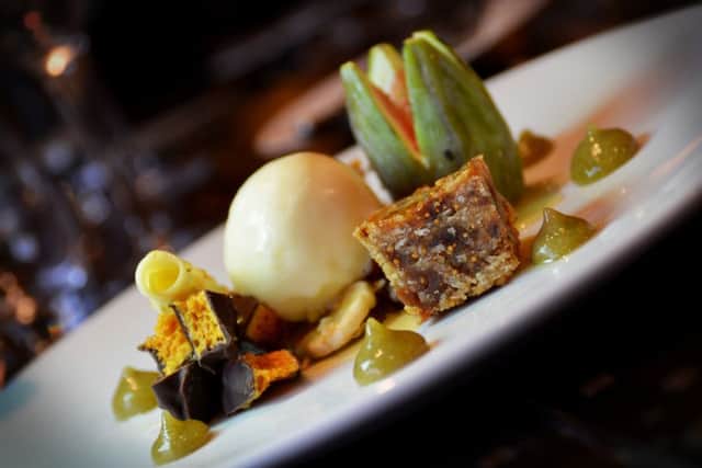 The figgy flapjack was served warm with honey ice cream, chocolate honeycomb, fig jam, a tuille and bits of granola.