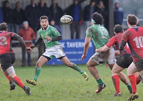 NO WAY THROUGH: Wharfedale's Max Labasse tries to find a gap in the Blaydon line in Saturday's defeat. Picture: Scott Merrylees