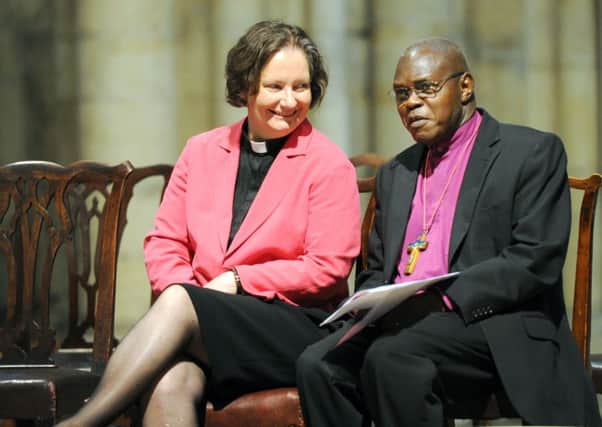 The Dean of York Minster,  Vivienne Faull,  chatting with the Archbishop of York Dr. John Sentamu in York Minster.