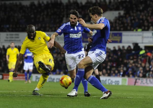 Souleymane Doukara slides home a goal in just 12 seconds  the second fastest in Leeds Uniteds history  to give his side the lead at Portman Road (Picture: Bruce Rollinson).