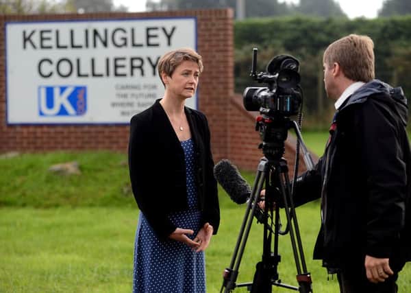 Yvette Cooper conducts an interview outside Kellingley Colliery.