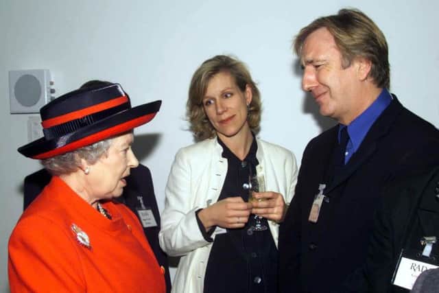 The Queen meets actors Juliet Stevenson and Alan Rickman at the  opening of the new premises of the Royal Academy of Dramatic Art in London.