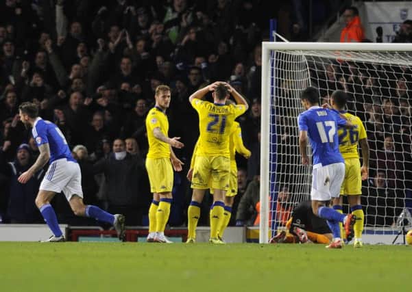 Leeds United defenders show their frustration after Luke Chambers equalised for Ipswich on Tuesday.