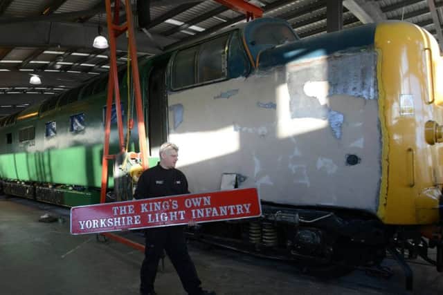 Workshop manager Richard Pearson preparing the iconic 1960's Deltic locomotive 'King's Own Yorkshire Light Infantry', at the National Railway Museum at Shildon, County Durham, ahead of it's important role alongside steam legend Flying Scotsman in the museum's ground breaking 'Stunts, Speed and Style' display, which will take place at its York site in March.