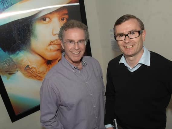 Famed music photographer Gered Mankowitz with The Harrogate Advertiser's Graham Chalmers at RedHouse Originals Gallery in Harrogate.
