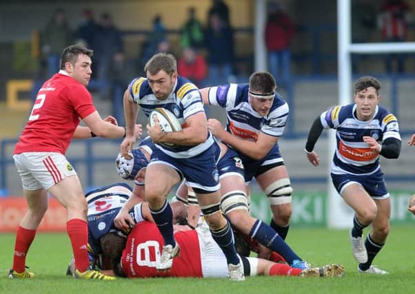 Joe Graham on his way to scoring a try for Yorkshire Carnegie.