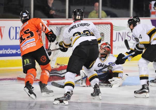 Mathieu Roy fires in Sheffield Steelers' third goal in the 5-4 win over Nottingham Panthers on Saturday night. Picture: Dean Woolley.
