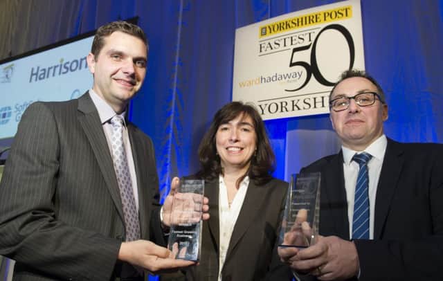 S Harrison Group winners of the fastest growing overall business and fastest growing large business in the Yorkshire Fastest 50 2015 awards (from left) project manager Gavin Jones, managing director Ann Scott and project manager Steve McManaman