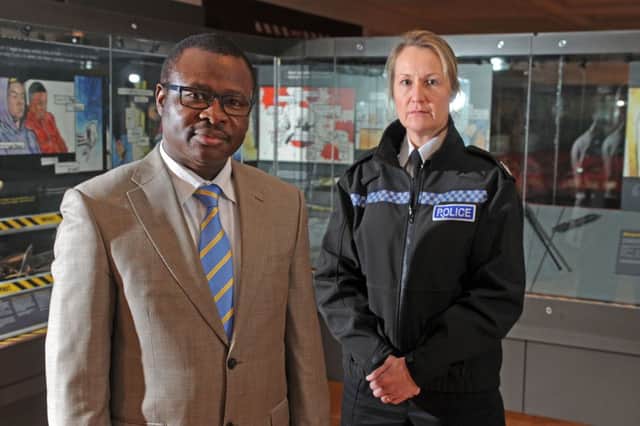 Stabbing victim Vincent Uzomah who was working as a teacher at Dixons Kings Academy in Bradford in June last year when he was stabbed by a teenage boy with West Yorkshire Police Temporary Assistant Chief Constable Angela Williams, launch of the latest West Yorkshire Police Weapons Surrender taking place between January 20 and January 30 2016. (Picture Tony Johnson)