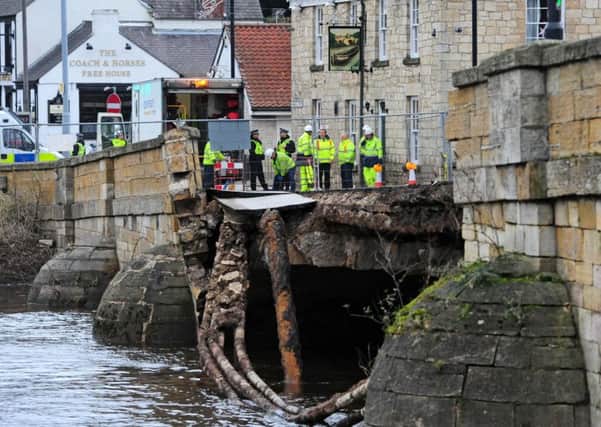 Tadcaster's partially collapsed bridge.