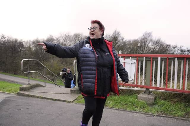 Comedian Jo Brand sets off from Barton in Humber, with a crossing of the Humber Bridge, on the first day of her Hell Of A Walk challenge for Sport Relief.