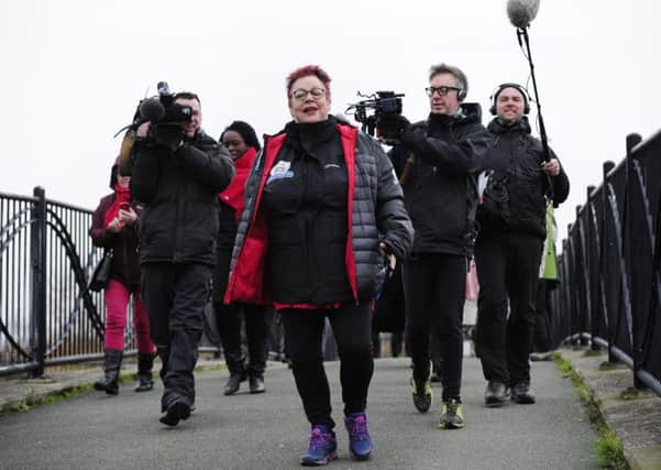 Comedian Jo Brand sets off from Barton in Humber, with a crossing of the Humber Bridge, on the first day of her Hell Of A Walk challenge for Sport Relief.