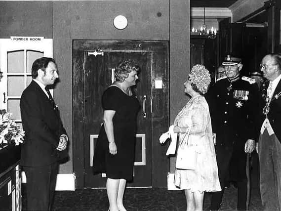 The late Mr Michael Hutchinson, second left, with Her Majesty the Queen Mother, and general manager Mrs Georgie Curry, second left, at Ripon Spa Hotel in 1972.