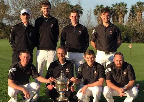 Willl Whiteoak, far right front row, and the England A team with the Costa Ballena trophy.