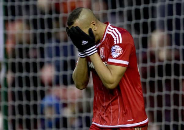 Middlesbroughs Emilio Nsue reacts after missing a chance against Nottingham Forest (Picture: Richard Sellers/PA).