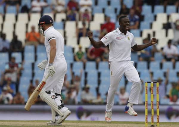 South Africas bowler Kagiso Rabada, right, celebrates after dismissing Englands batsman Jonathan Bairstow, left, for a duck on the third day at Centurion Park. Picture: AP /Themba Hadebe.