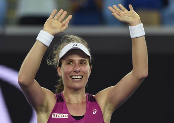 Johanna Konta of Britain celebrates after defeating Ekaterina Makarova of Russia in the fourth round of the Australian Open in Melbourne. Picture: AP /Andrew Brownbill.