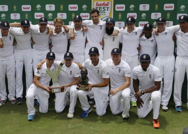 England's cricketers team pose with their trophy after a Test series win over South Africa, but they have a long way to go before they are a dominant team. Picture: AP Photo/Themba Hadebe.