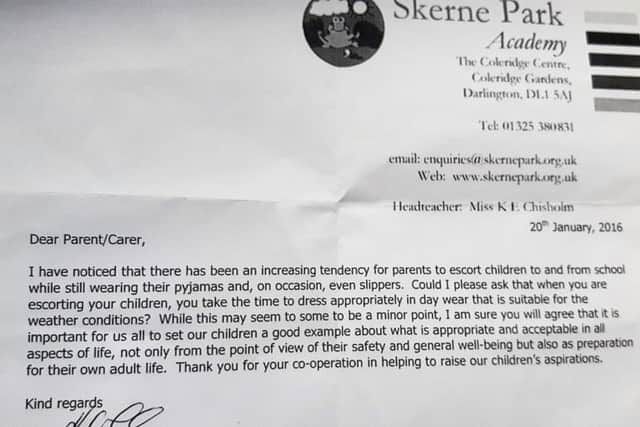 A copy of the letter written to parents by Kate Chisholm, headteacher at Skerne Park Academy, Darlington, requesting they take time to get dressed in the morning and stop dropping their children off in their pyjamas.  Photo: Phil Naylor /PA Wire .