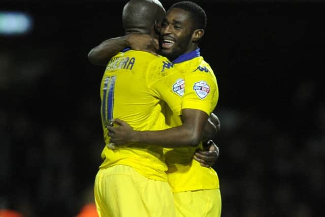 Mustapha Carayol celebrates his equaliser with Souleymane Doukara.(Picture: Bruce Rollinson)