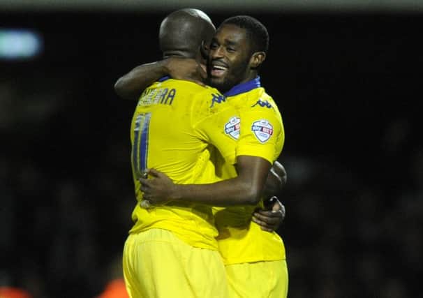 Mustapha Carayol celebrates his equaliser with Souleymane Doukara.(Picture: Bruce Rollinson)
