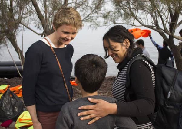 Yvette Cooper MP meeting refugees on the island of Lesbos.