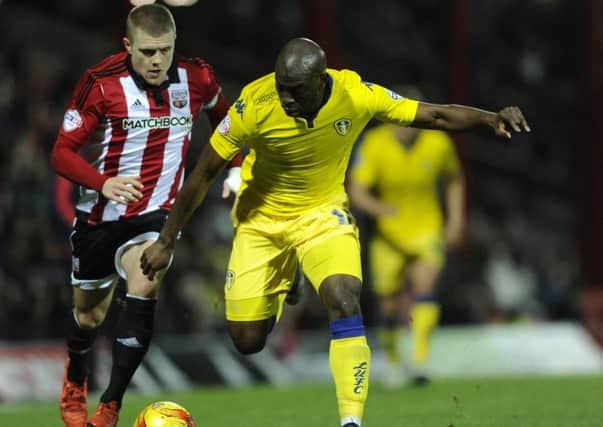 Jake Bidwell closes in on Souleymane Doukara, Leeds United's surprise package of the season.
 (Picture: Bruce Rollinson)
