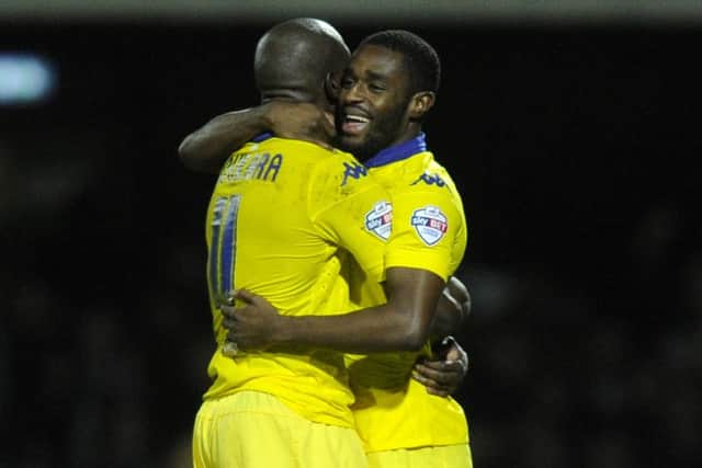 Mustapha Carayol celebrates his equaliser with Souleymane Doukara.
 (Picture: Bruce Rollinson)